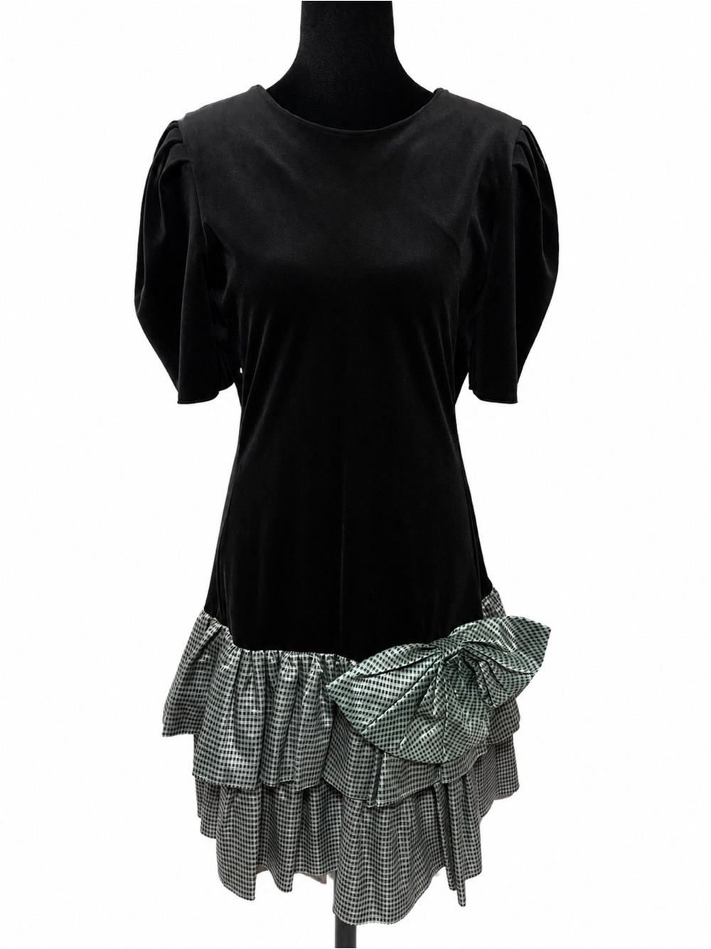 Vintage Black Velvet Dress with Gingham Ruffle Hem and Bow